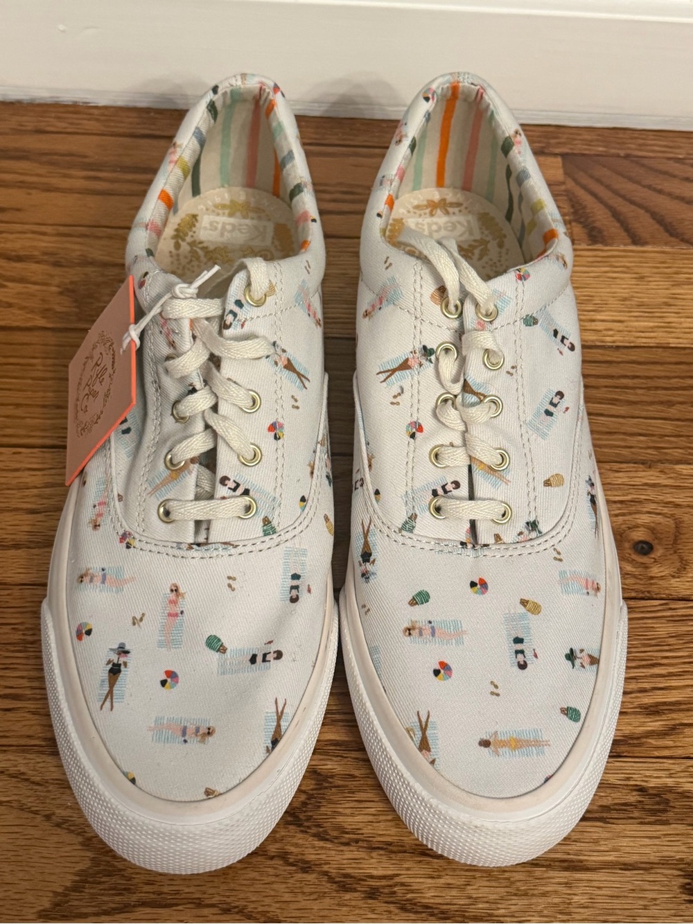 Rifle Paper Co X Keds Sun Girls White Canvas Lace-Up Sneakers with Beach Print